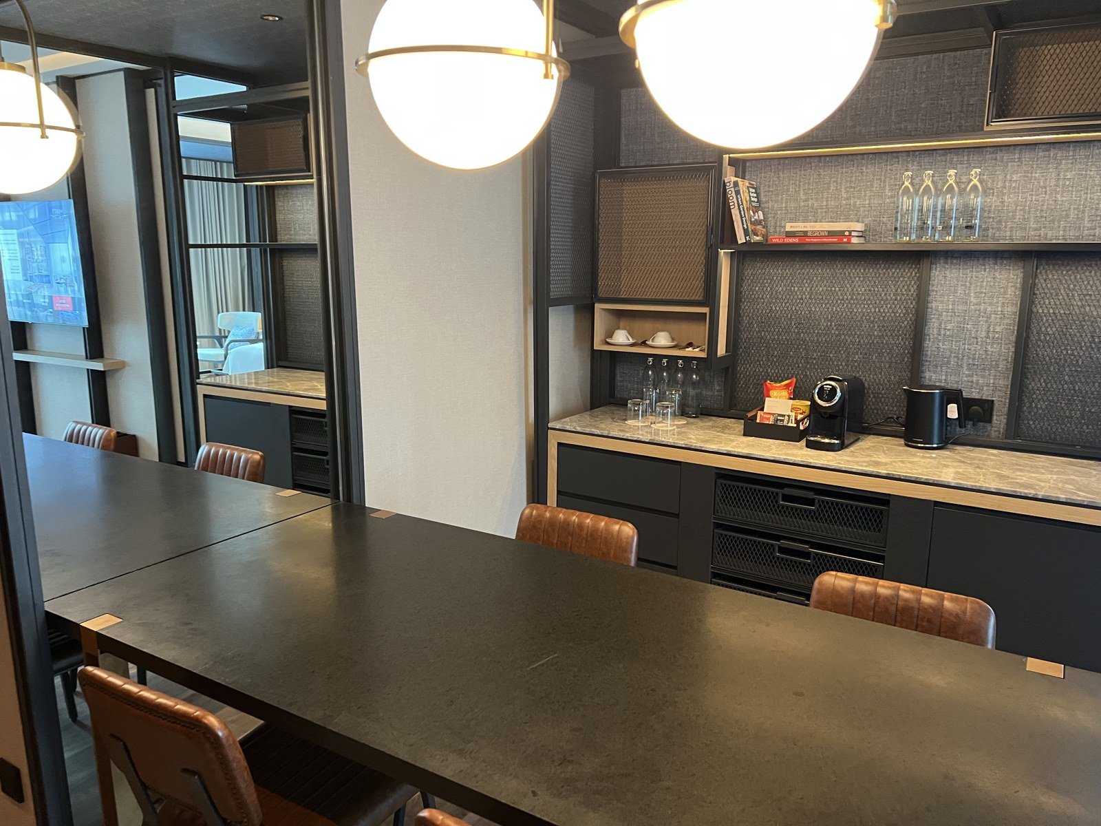 A club lounge pantry. Being able to help yourself to drinks changes how you move around