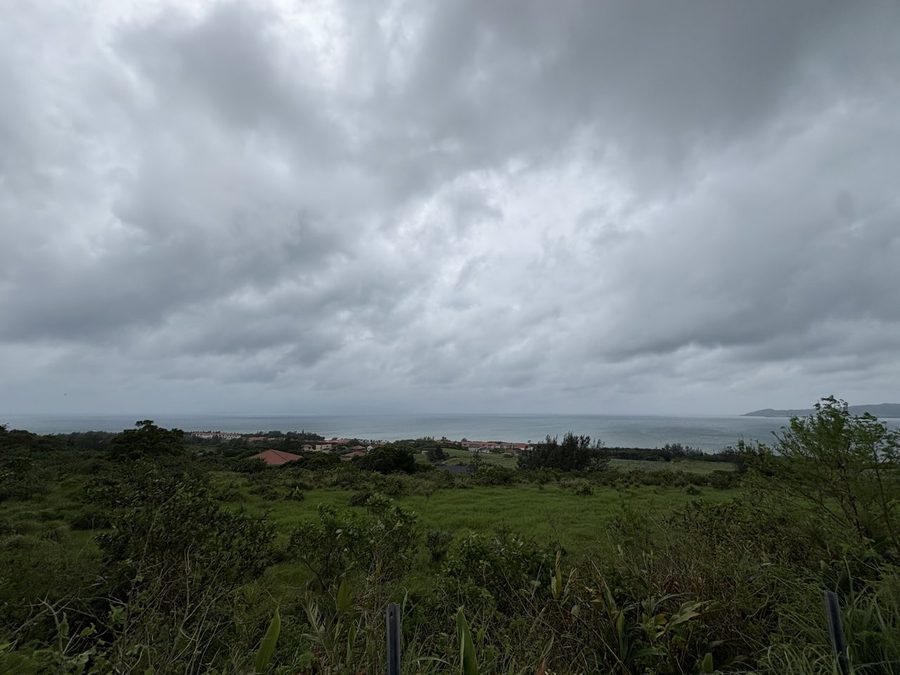 草原の向こうに海が見える景色