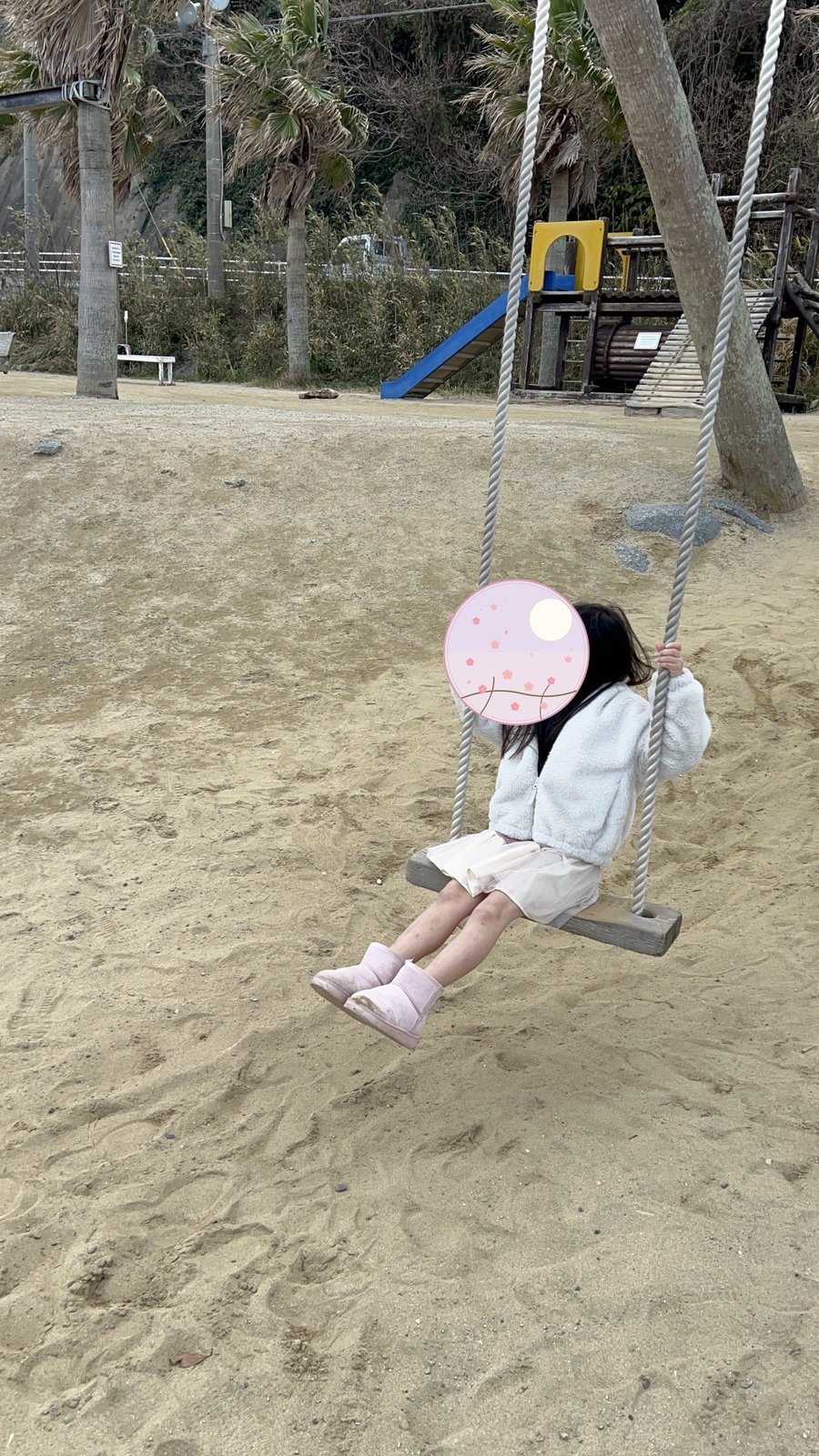 俯瞰で見るヤシの木ブランコと娘
