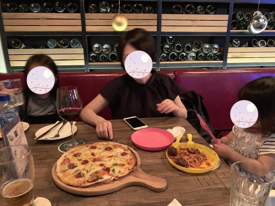 Eating out. Pizza was easy for the children, so we ordered it often.