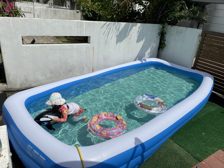In the paddling pool in the garden.