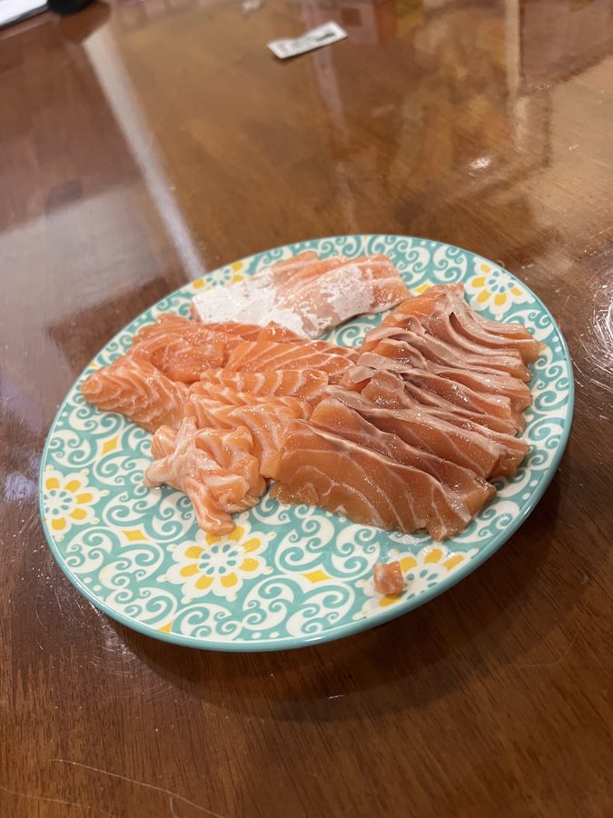Salmon sashimi. You could get most Japanese ingredients here.
