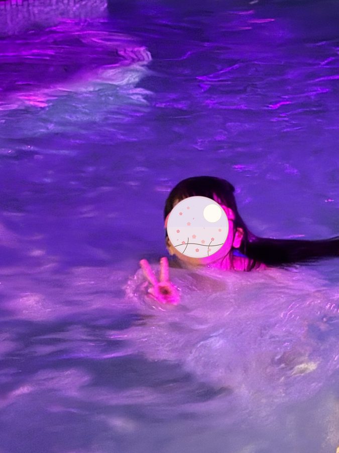 The night pool. The lighting shifts slowly through colours.